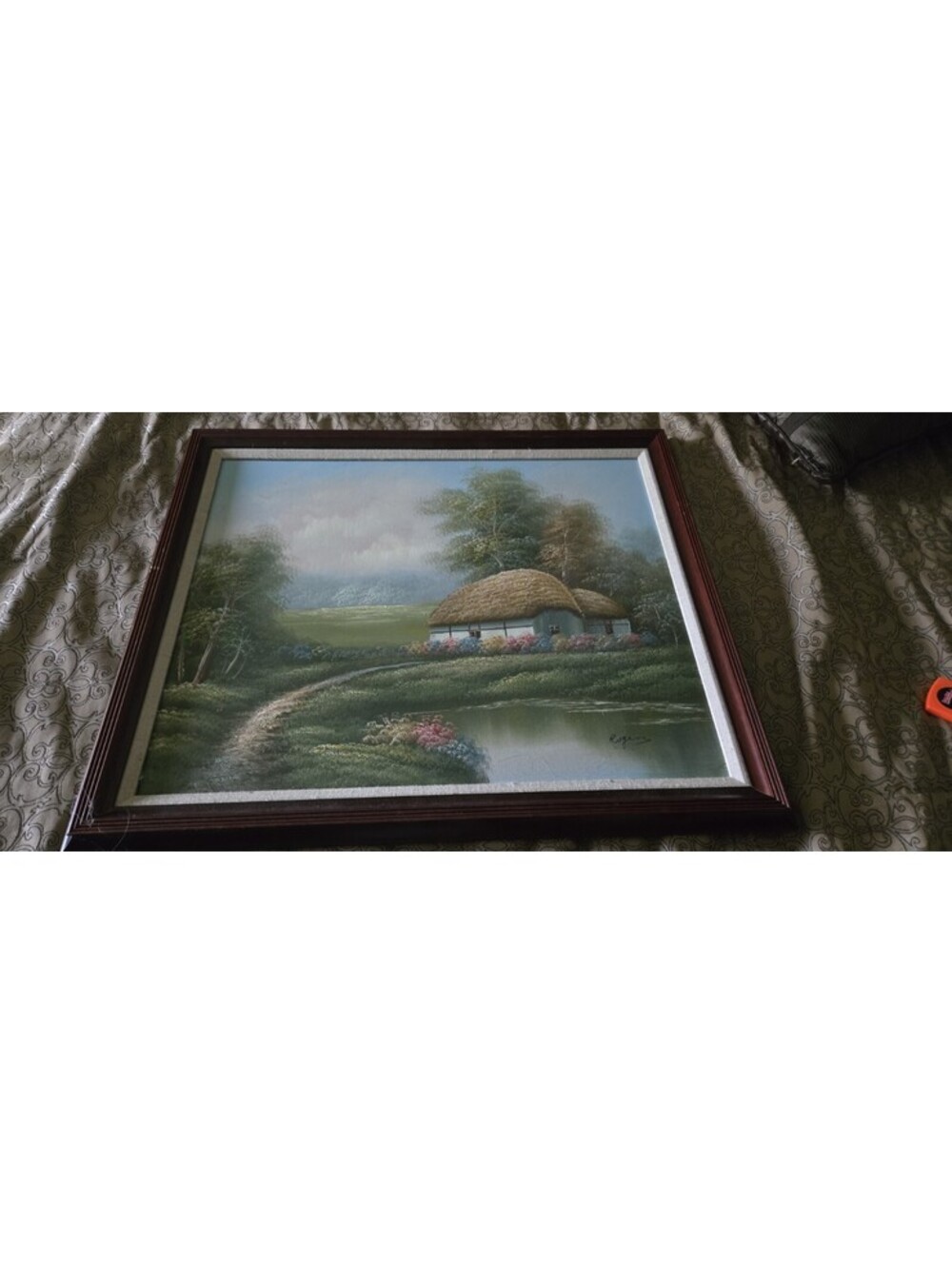 Rogers Oil On Canvas Charming Garden Tudor Cottage Thatched Roof Signed 28" Read